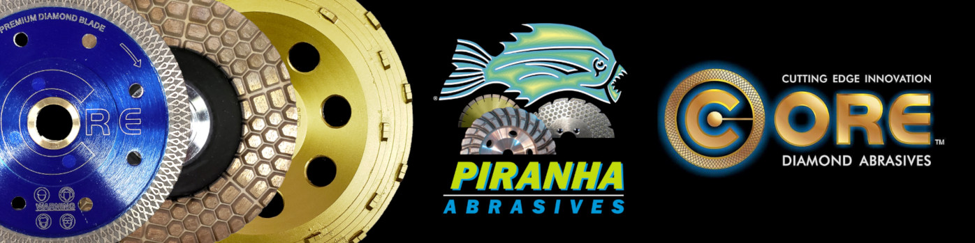 Picture of diamond abrasive circular blade, grinding cup, stripping cup, Piranha Abrasives trademark and Core Diamond Abrasives trademark